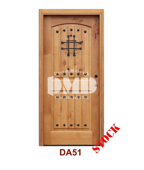 DA51 Knotty Alder 2 Panel Arch w/v-groove, clavos & speak easy exterior door dmd chicago wholesale distributor