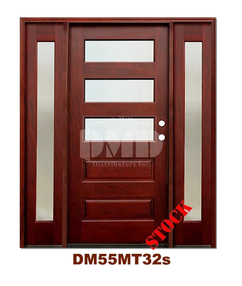 DM55MT32s 3 Lite Contemporary Mist Glass Exterior Wood Mahogany Door